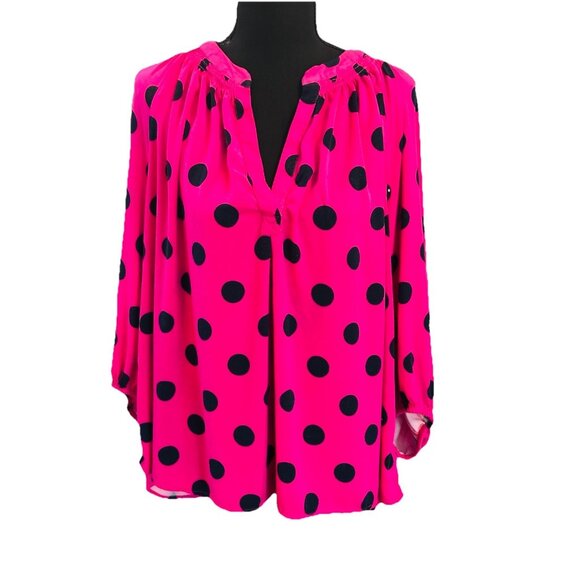 Crown &Ivy Hot Pink And Black Polka Dot Long Sleeve Shirt Plus Size 2X - Picture 1 of 3